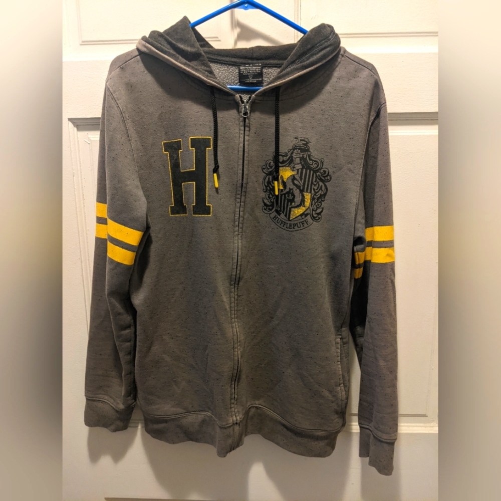 Harry Potter Unisex Hufflepuff Grey and Yellow Full Zip Varsity Style Hoodie (M)